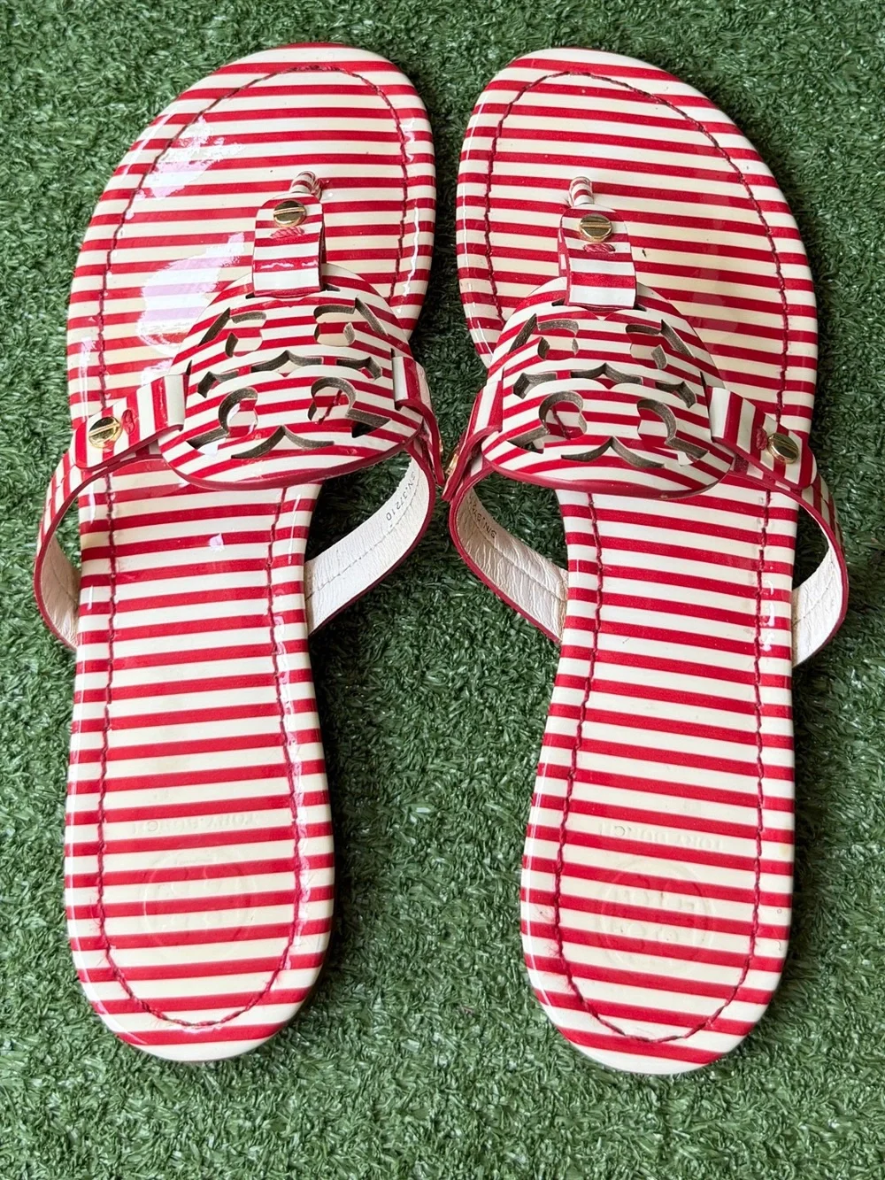 Tory Burch Red/White Stripe Patent Leather Women’s Miller Thong